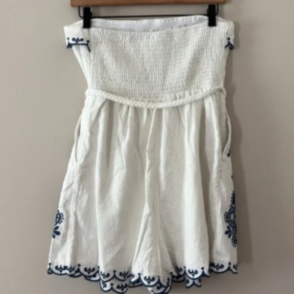 Caroline Constas Linen Blend Romper Embroidered Scallop Design Tie Waist Blue S - Picture 2 of 7